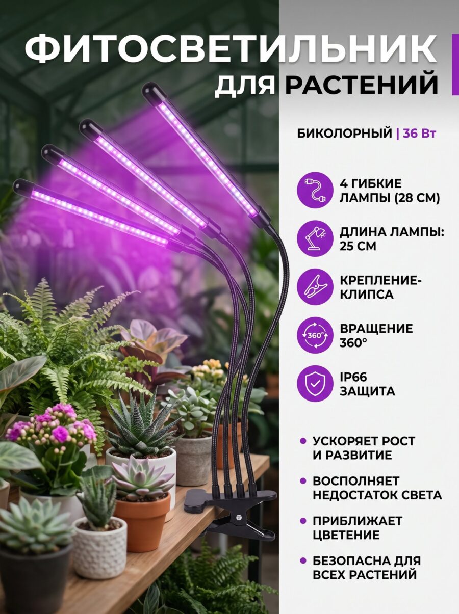 Фитосветильник для растений, светодиодный, 36 Вт, 250 мм, IP66, USB