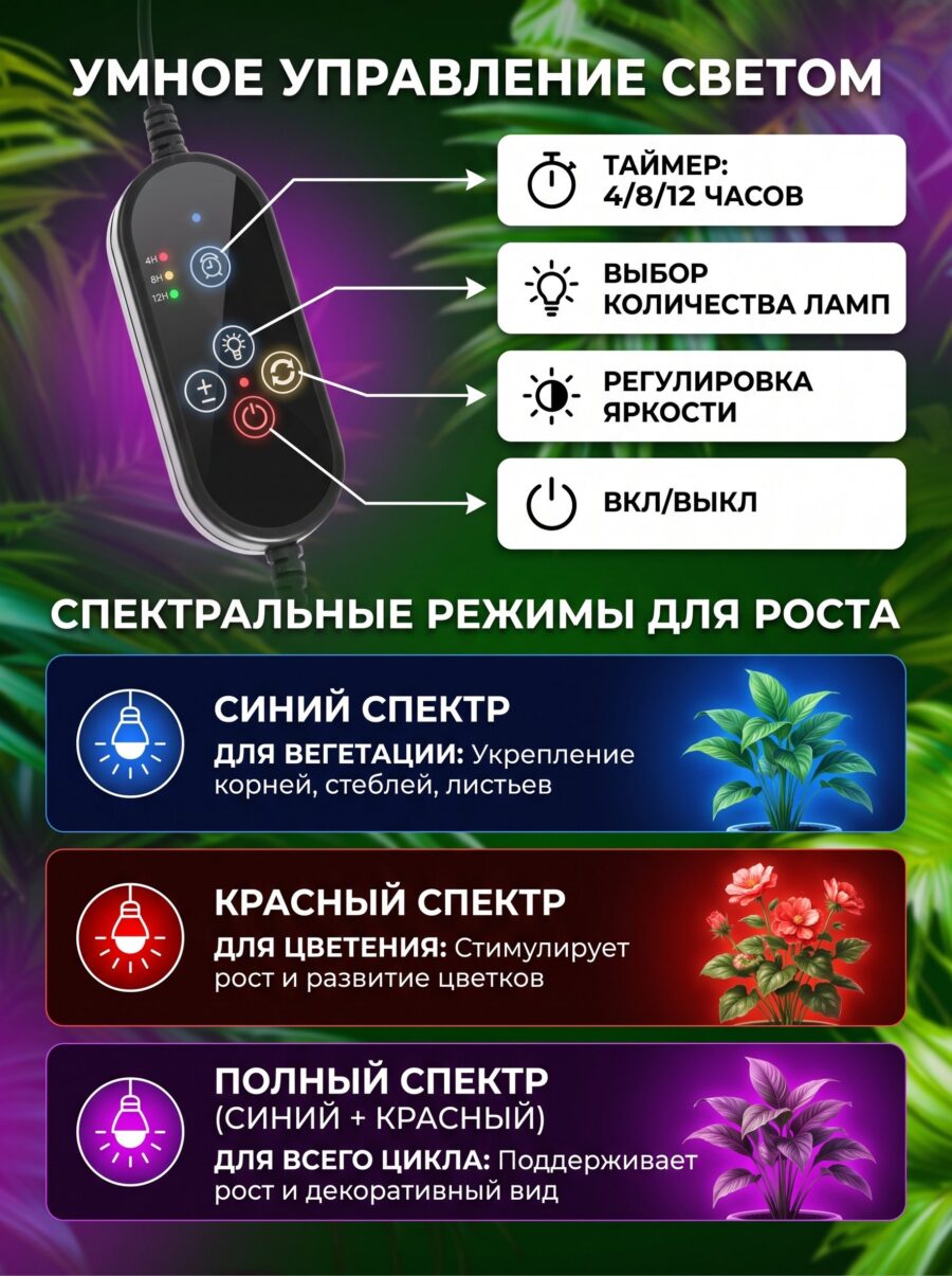 Фитосветильник для растений, светодиодный, 36 Вт, 250 мм, IP66, USB