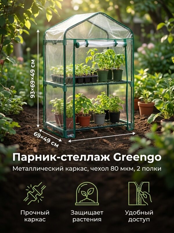 Парник-стеллаж для рассады Greengo, металлический, d=16 мм, 93×69×49 см — карточка товара