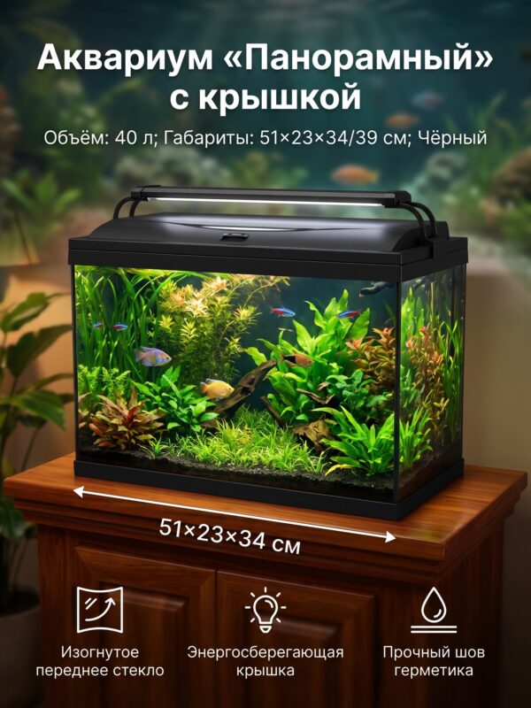 Аквариум «Панорамный» с крышкой, 40 л, 51×23×34, 39 см, чёрный — карточка товара