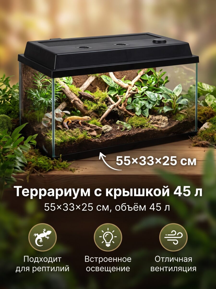 Террариум с крышкой 45 л, 55×33×25 см Террариум с крышкой 45 л, 55×33×25 см — карточка товара
