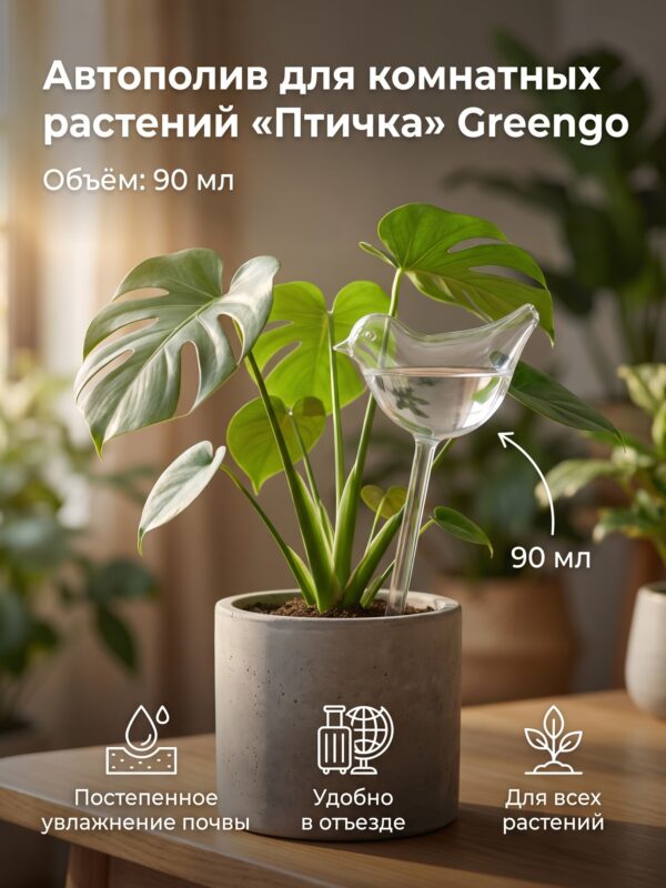 Автополив для комнатных растений «Птичка» Greengo, 90 мл — карточка товара