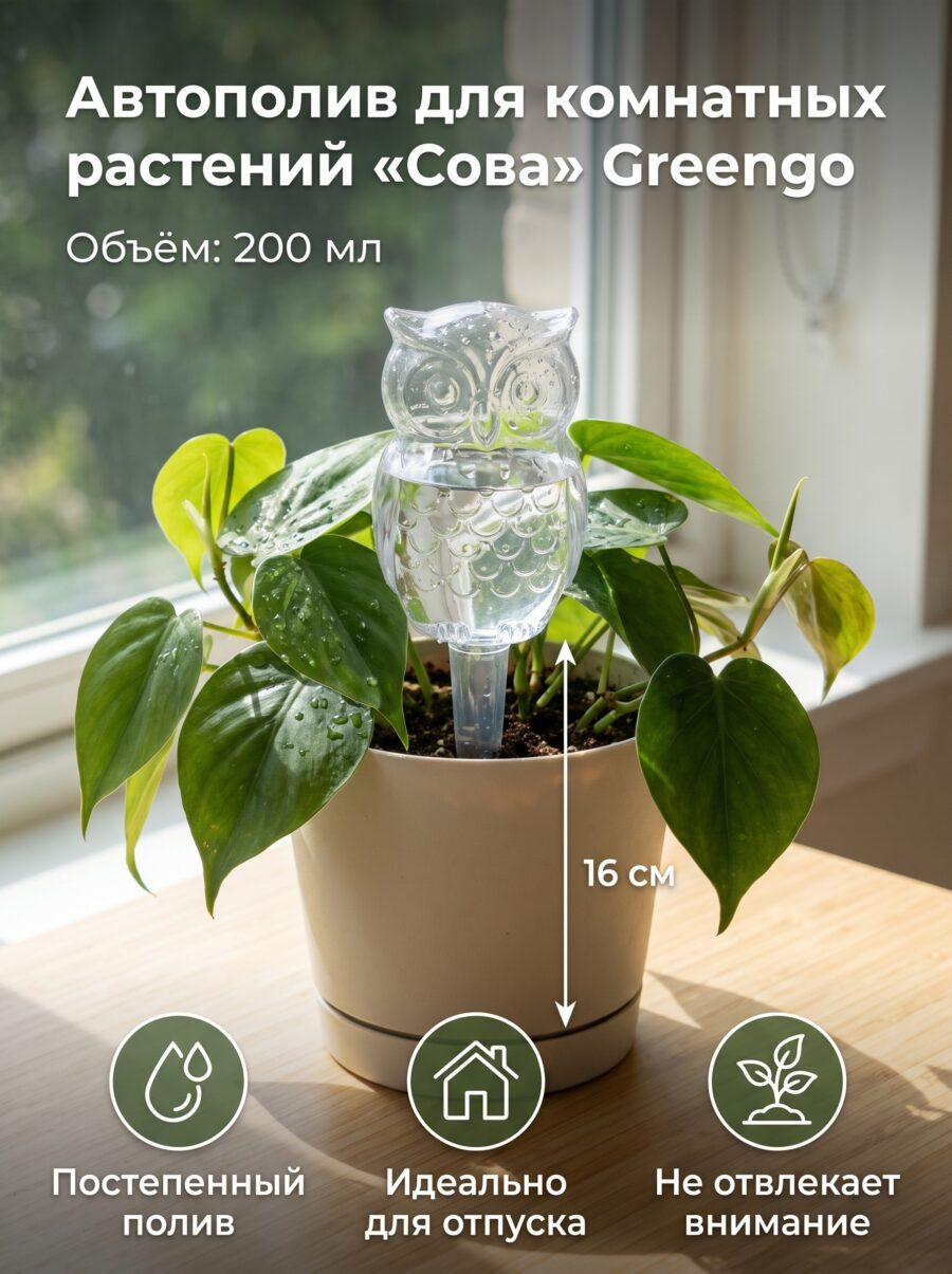 Автополив для комнатных растений «Сова» Greengo, 200 мл Автополив для комнатных растений «Сова» Greengo, 200 мл — карточка товара