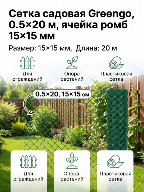 Сетка садовая Greengo, 0.5×20 м, 0.5×20, 15×15 мм, 15 мм, зелёная Сетка садовая Greengo, 0.5×20 м, 0.5×20, 15×15 мм, 15 мм, зелёная — карточка товара