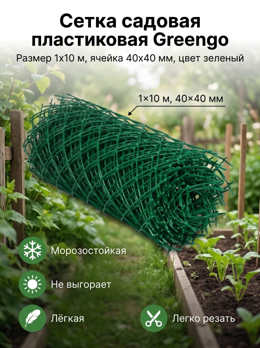 Сетка садовая Greengo, 1×10 м, 1×10, 40×40 мм, 40 мм, зелёная Сетка садовая Greengo, 1×10 м, 1×10, 40×40 мм, 40 мм, зелёная — карточка товара