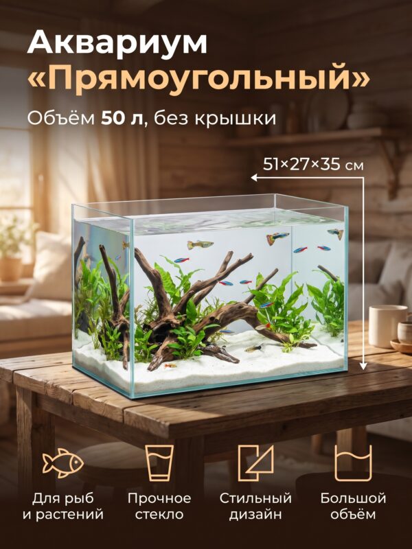 Аквариум «Прямоугольный» без крышки, 50 л, 51×27×35 см — карточка товара