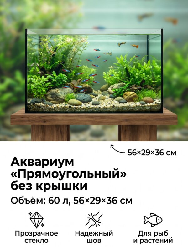 Аквариум «Прямоугольный» без крышки, 60 л, 56×29×36 см — карточка товара