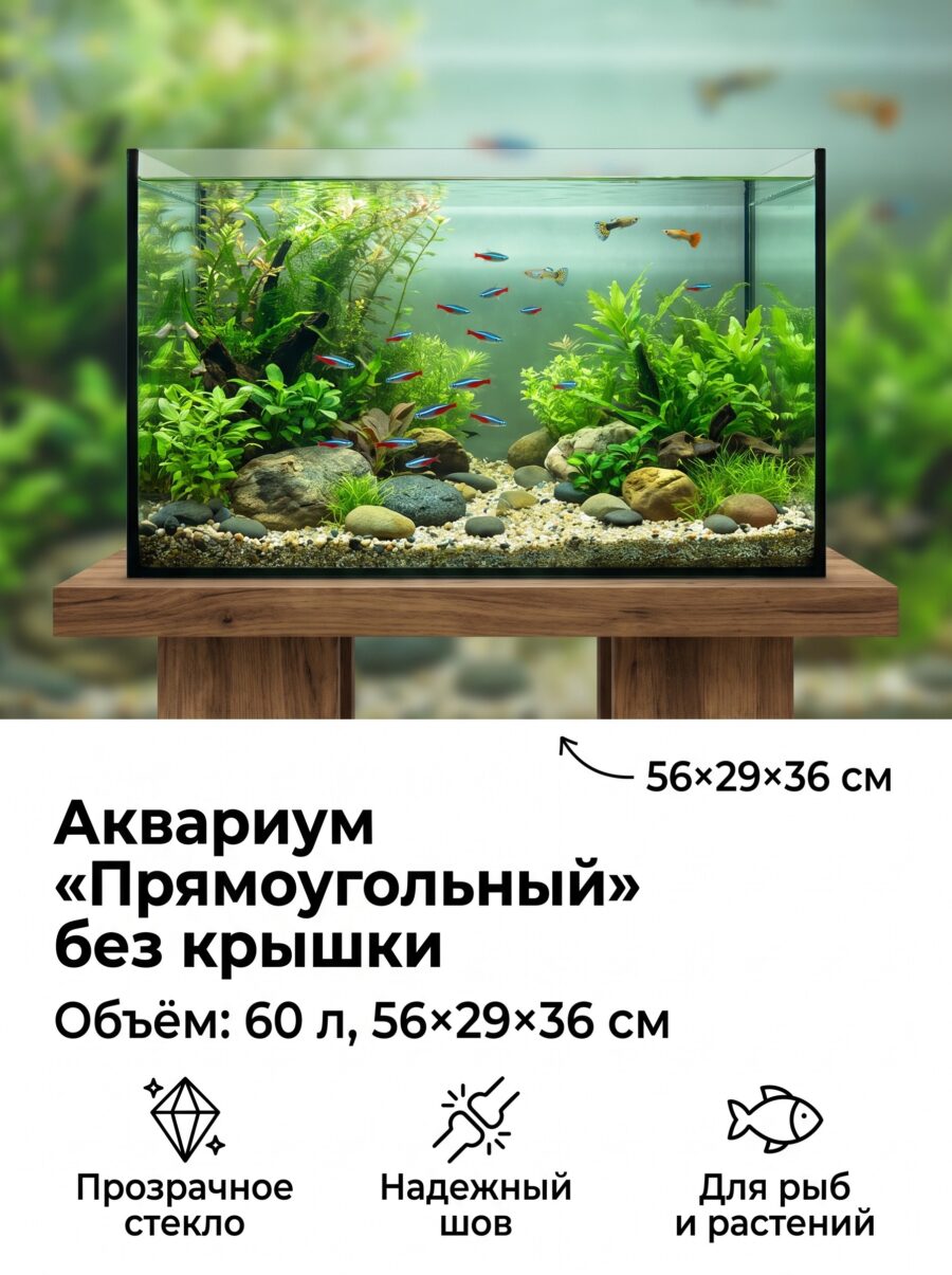Аквариум «Прямоугольный» без крышки, 60 л, 56×29×36 см Аквариум «Прямоугольный» без крышки, 60 л, 56×29×36 см — карточка товара