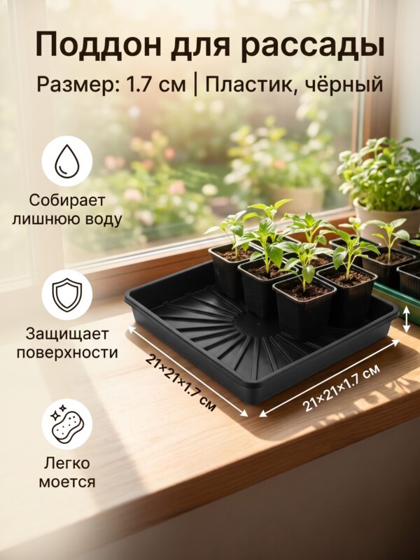 Поддон для рассады, 21×21×1.7 см, 21×21×1.7 см, чёрный — карточка товара