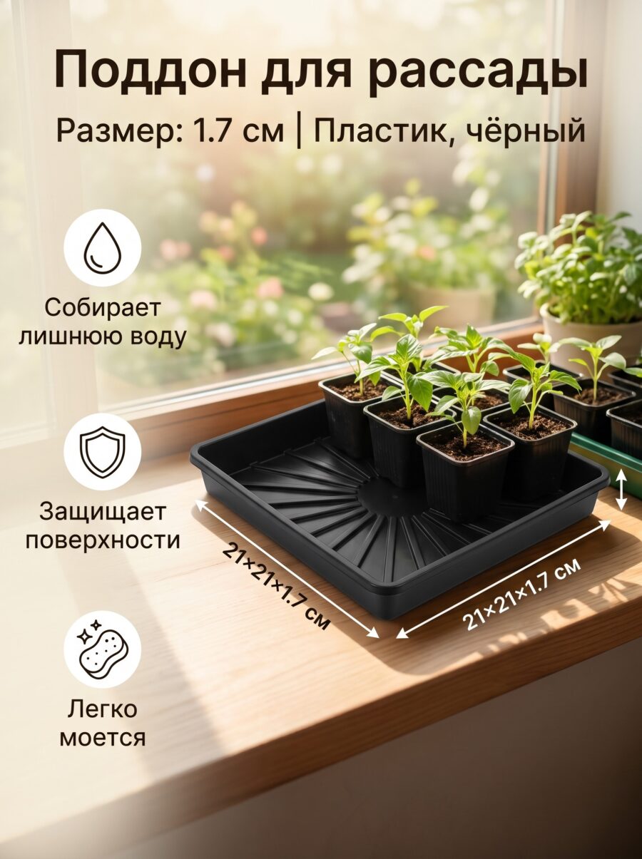 Поддон для рассады, 21×21×1.7 см, 21×21×1.7 см, чёрный Поддон для рассады, 21×21×1.7 см, 21×21×1.7 см, чёрный — карточка товара