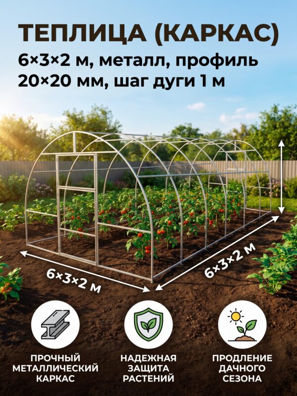 Теплица (каркас), 6×3×2 м, металл, профиль 20×20 мм — карточка товара