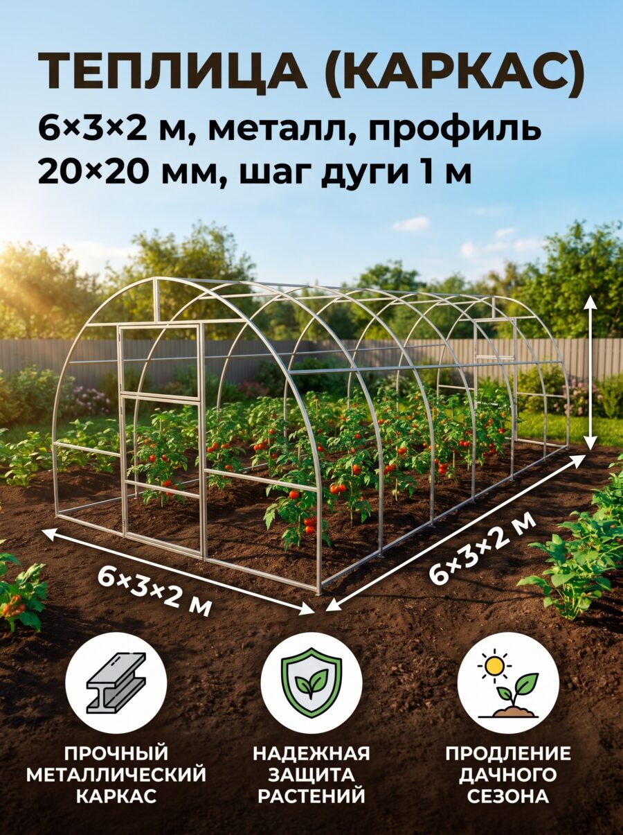 Теплица (каркас), 6×3×2 м, металл, профиль 20×20 мм Теплица (каркас), 6×3×2 м, металл, профиль 20×20 мм — карточка товара