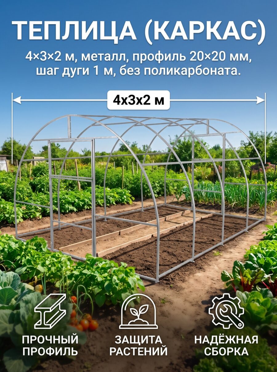 Теплица (каркас), 4×3×2 м, металл, профиль 20×20 мм Теплица (каркас), 4×3×2 м, металл, профиль 20×20 мм — карточка товара