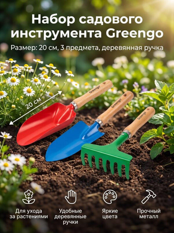 Набор садового инструмента Greengo, 3 предмета: грабли, 20 см, МИКС Набор садового инструмента Greengo, 3 предмета: грабли, 20 см, МИКС — карточка товара