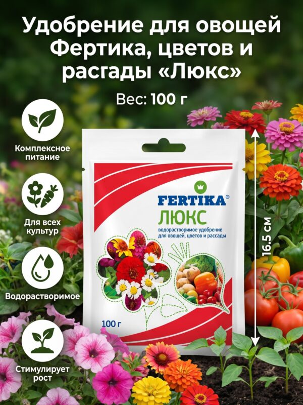 Удобрение для овощей Фертика, цветов и рассады «Люкс», 100 г Удобрение для овощей Фертика, цветов и рассады «Люкс», 100 г — карточка товара
