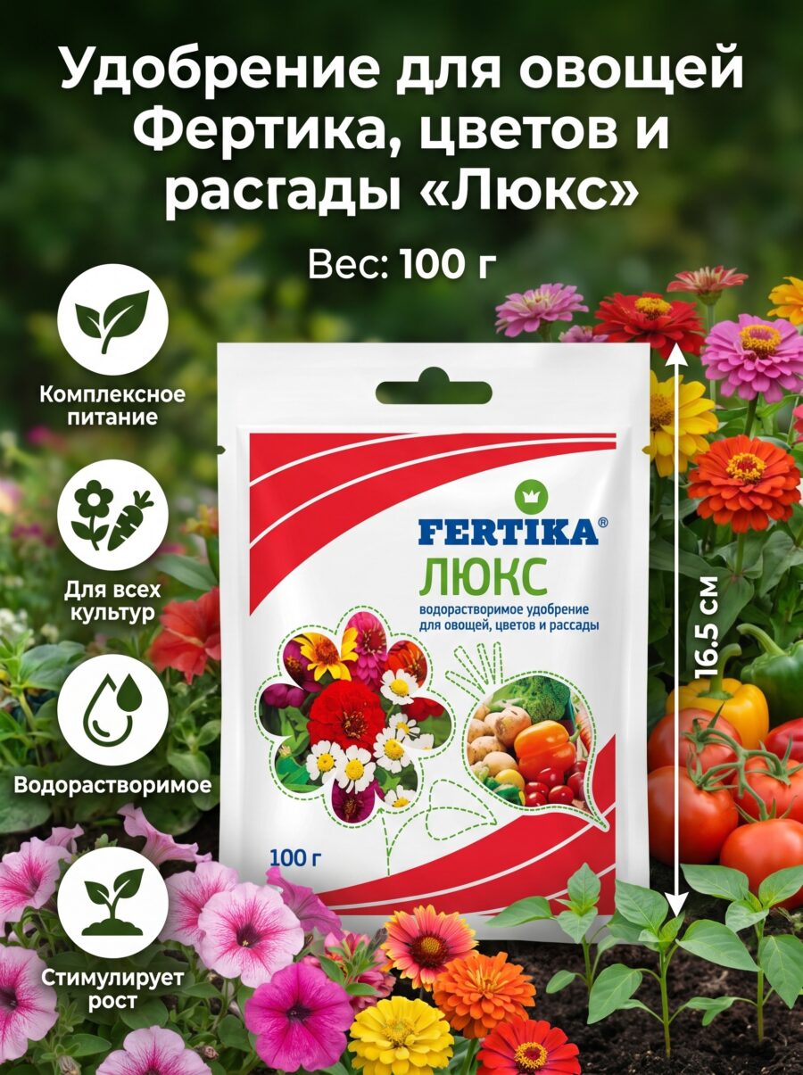 Удобрение для овощей Фертика, цветов и рассады «Люкс», 100 г Удобрение для овощей Фертика, цветов и рассады «Люкс», 100 г — карточка товара