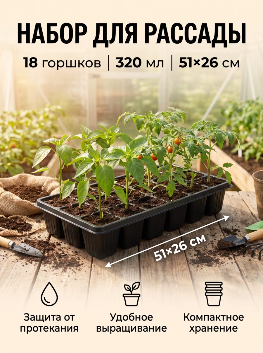Набор для рассады: стаканы по 320 мл (18 шт.), поддон 51×26 см, Greengo Набор для рассады: стаканы по 320 мл (18 шт.), поддон 51×26 см, Greengo — карточка товара