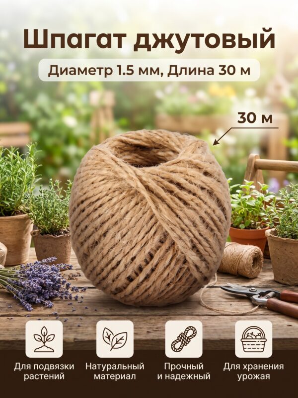 Шпагат джутовый, скрученный d=1.5 мм,30 м, цвет натуральный Шпагат джутовый, скрученный d=1.5 мм,30 м, цвет натуральный — карточка товара
