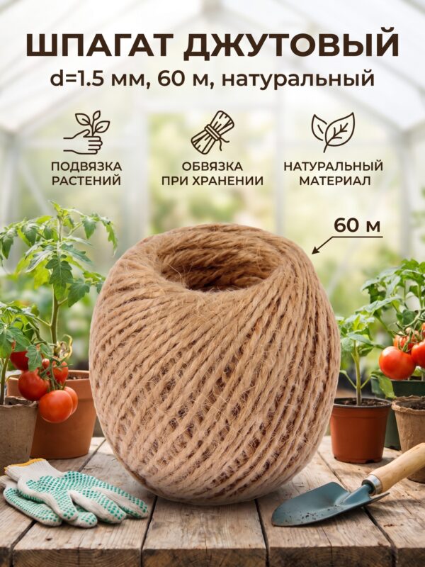 Шпагат джутовый, скрученный d=1.5 мм, 60 м, цвет натуральный Шпагат джутовый, скрученный d=1.5 мм, 60 м, цвет натуральный — карточка товара