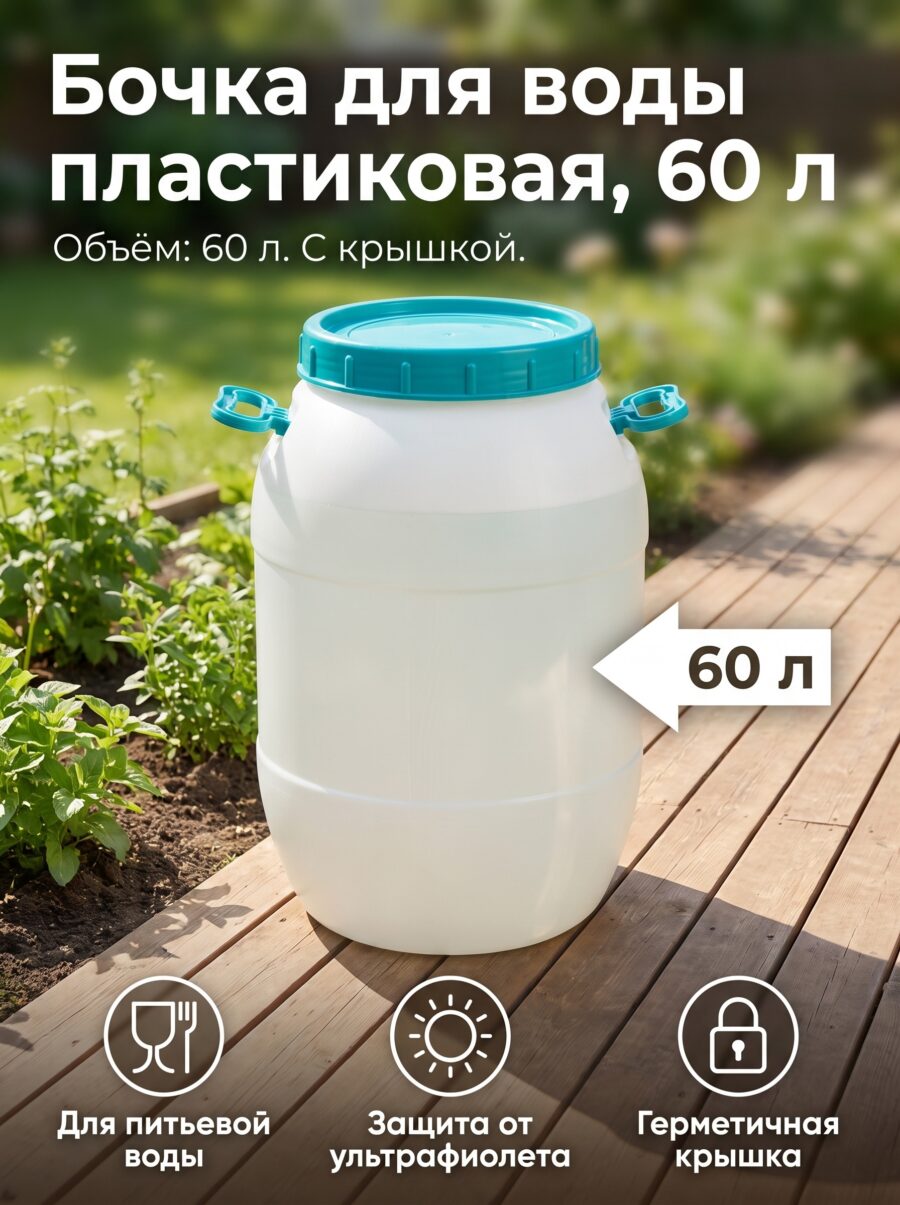 Бочка для воды пластиковая, с крышкой, 60 л Бочка для воды пластиковая, с крышкой, 60 л — карточка товара