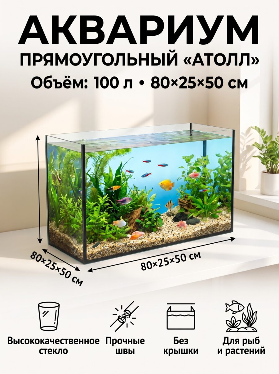 Аквариум Прямоугольный «Атолл» без крышки, 100 л, 80×25×50 см Аквариум Прямоугольный «Атолл» без крышки, 100 л, 80×25×50 см — карточка товара