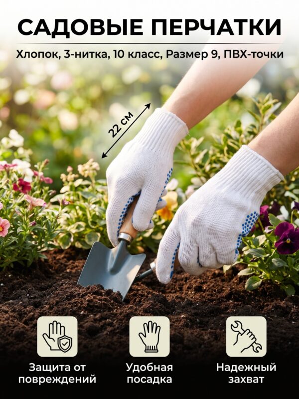 Перчатки садовые Greengo, хб 3 нити, размер 9, белые — карточка товара