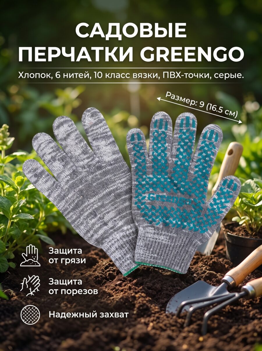Перчатки садовые Greengo, хб 6 нитей, размер 9, серые Перчатки садовые Greengo, хб 6 нитей, размер 9, серые — карточка товара