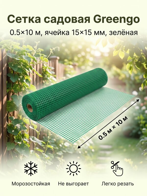 Сетка садовая Greengo, 0.5×10 м, 0.5×10, 15×15 мм, 15 мм, зелёная Сетка садовая Greengo, 0.5×10 м, 0.5×10, 15×15 мм, 15 мм, зелёная — карточка товара