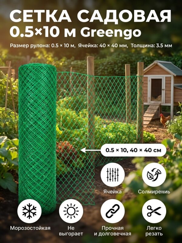 Сетка садовая 0.5×10 м Greengo, ячейка ромб 40×40 мм, 40×40 мм, зелёная Сетка садовая 0.5×10 м Greengo, ячейка ромб 40×40 мм, 40×40 мм, зелёная — карточка товара