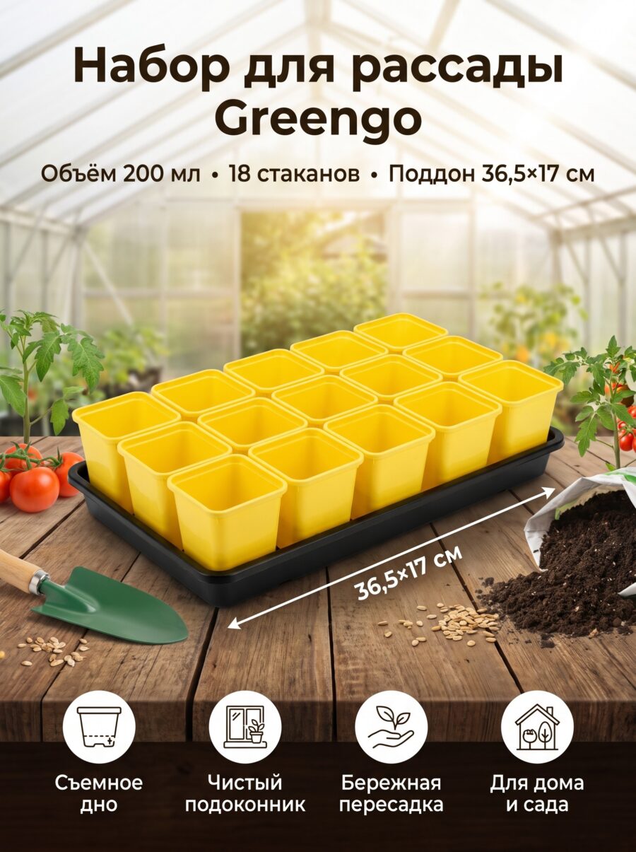 Набор для рассады Greengo: 18 стаканов 200 мл, поддон 36,5×17 см — карточка товара