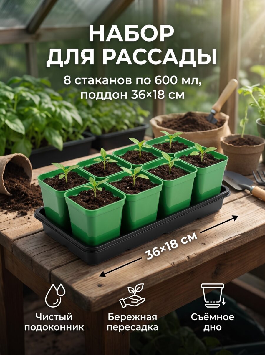 Набор для рассады: стаканы по 600 мл (8 шт.) Greengo, поддон 36×18 см, 36×18 см — карточка товара