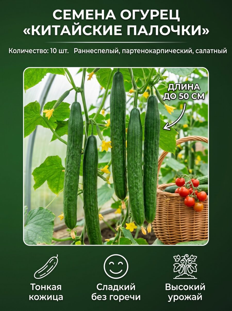 Семена Огурец «Китайские палочки» Аэлита, 10 шт Семена Огурец «Китайские палочки» Аэлита, 10 шт — карточка товара