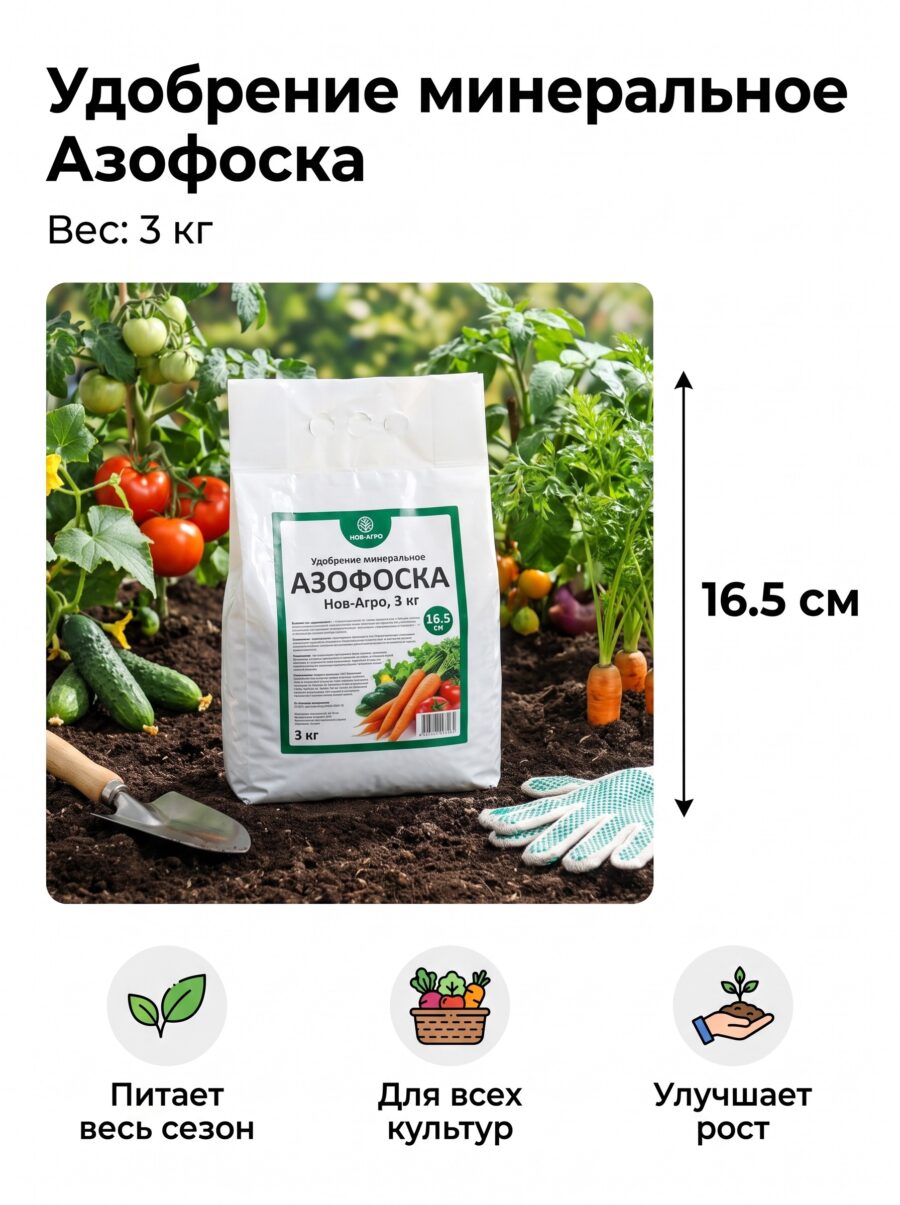 Удобрение минеральное «Азофоска», «Нов-Агро» (нитроаммофоска), 3 кг Удобрение минеральное «Азофоска», «Нов-Агро» (нитроаммофоска), 3 кг — карточка товара