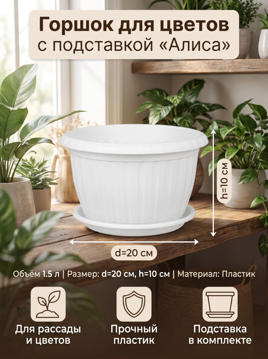 Горшок для цветов с подставкой «Алиса», 1.5 л, d=20 см, h=10 см, 10 см, белый Горшок для цветов с подставкой «Алиса», 1.5 л, d=20 см, h=10 см, 10 см, белый — карточка товара