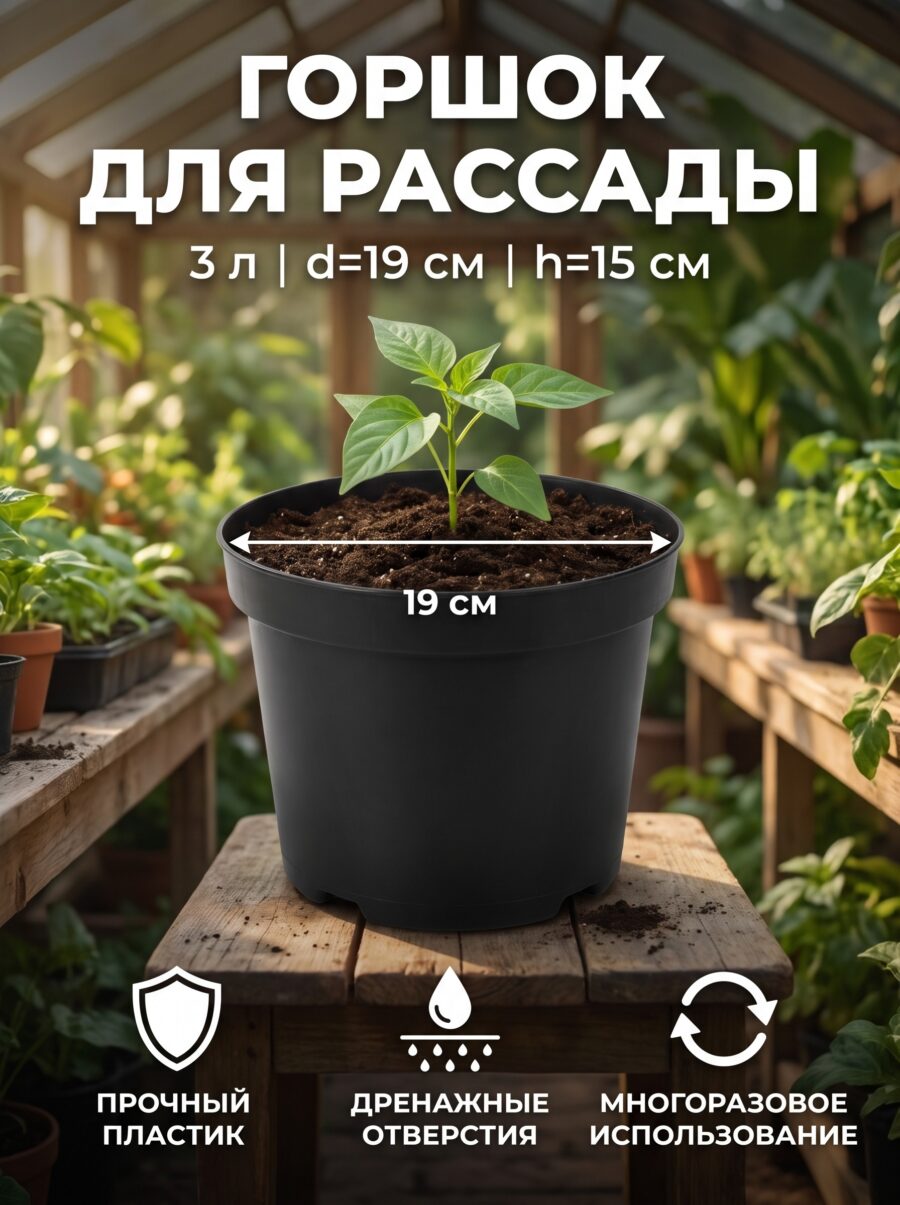 Горшок для рассады Greengo, 3 л, d=19 см, h=15 см, 15 см, чёрный Горшок для рассады Greengo, 3 л, d=19 см, h=15 см, 15 см, чёрный — карточка товара