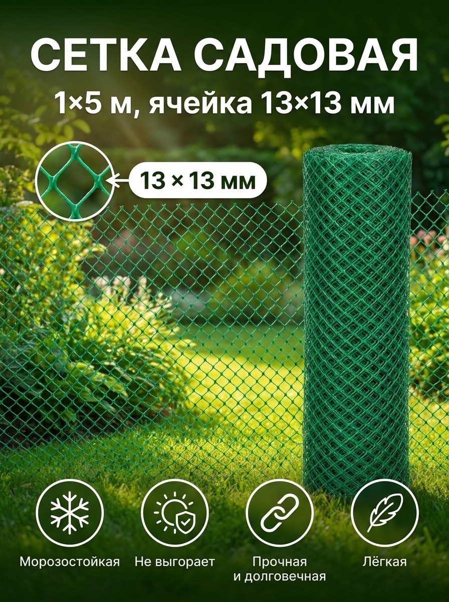 Сетка садовая Greengo, 1×5 м, 1×5, 13×13 мм, 13 мм, зелёная — карточка товара