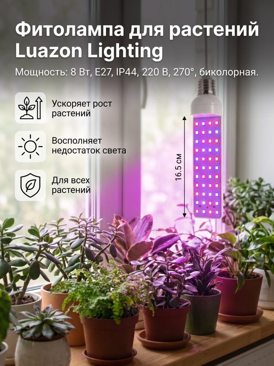 Фитолампа для растений Luazon Lighting, светодиодная, 8 Вт Фитолампа для растений Luazon Lighting, светодиодная, 8 Вт — карточка товара