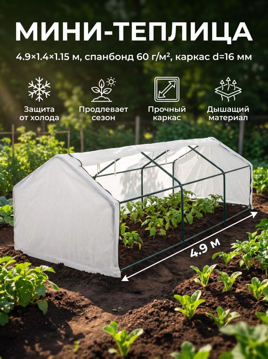Мини-теплица, 4.9×1.4×1.15 м, 60 г, d=16 мм Мини-теплица, 4.9×1.4×1.15 м, 60 г, d=16 мм — карточка товара