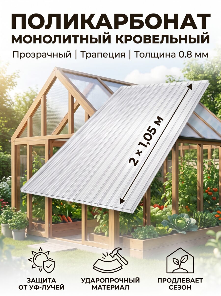 Поликарбонат монолитный, кровельный, 2×1.05, 0.8 мм, 1.05 м Поликарбонат монолитный, кровельный, 2×1.05, 0.8 мм, 1.05 м — карточка товара