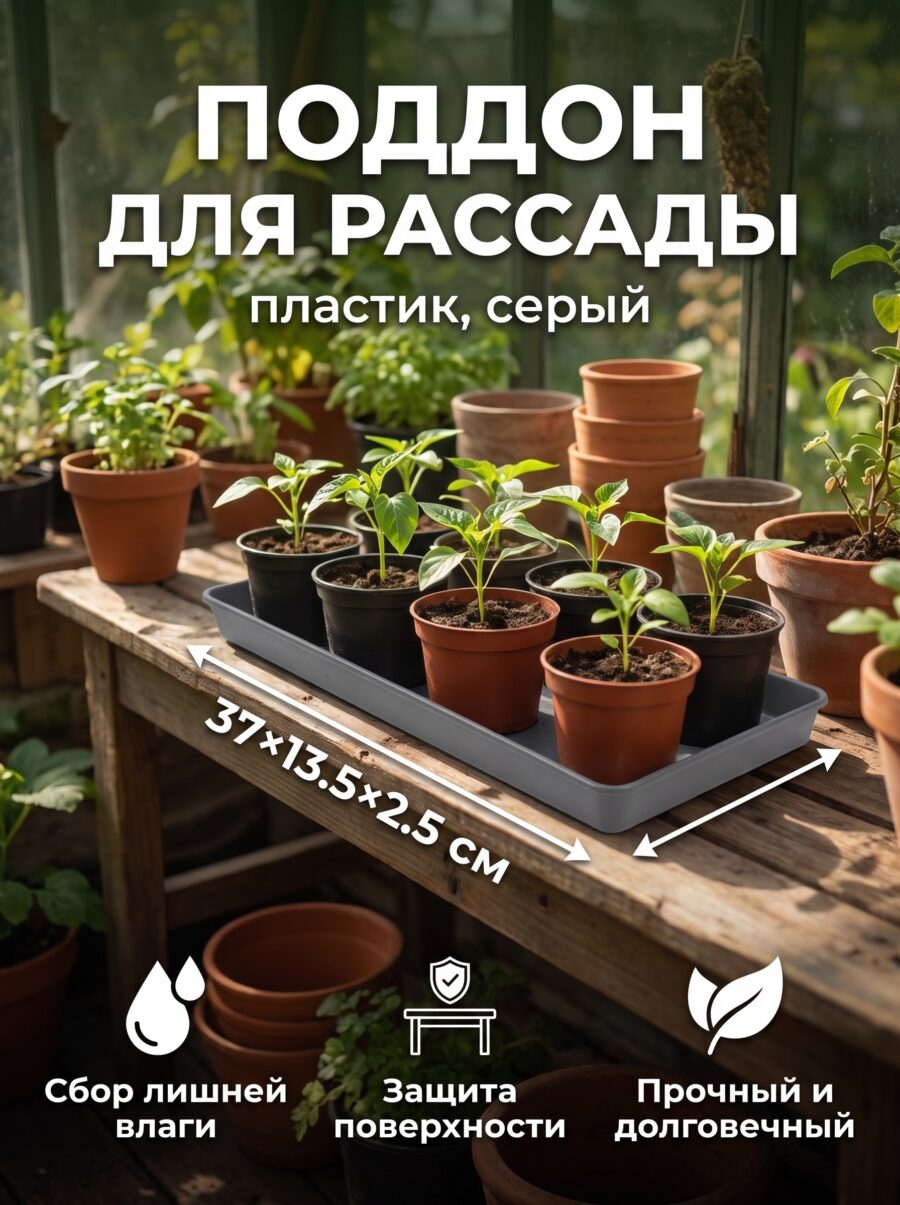 Поддон для рассады, 37×13.5×2.5 см, пластик, серый Поддон для рассады, 37×13.5×2.5 см, пластик, серый — карточка товара