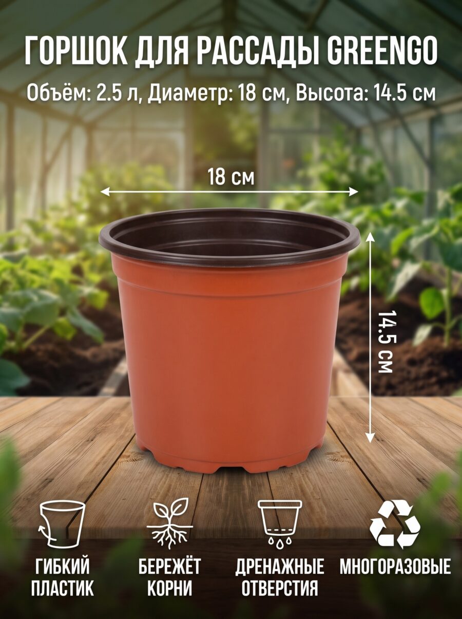 Горшок для рассады Greengo, 2.5 л, d=18 см, h=14.5 см, 14.5 см — карточка товара