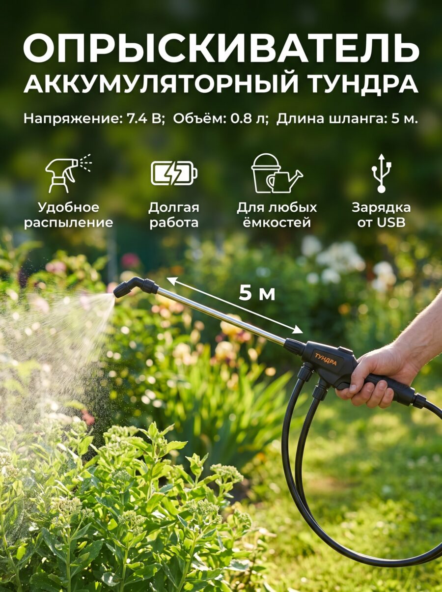 Опрыскиватель аккумуляторный ТУНДРА, 7.4 В, 0.8 л, 5 м Опрыскиватель аккумуляторный ТУНДРА, 7.4 В, 0.8 л, 5 м — карточка товара